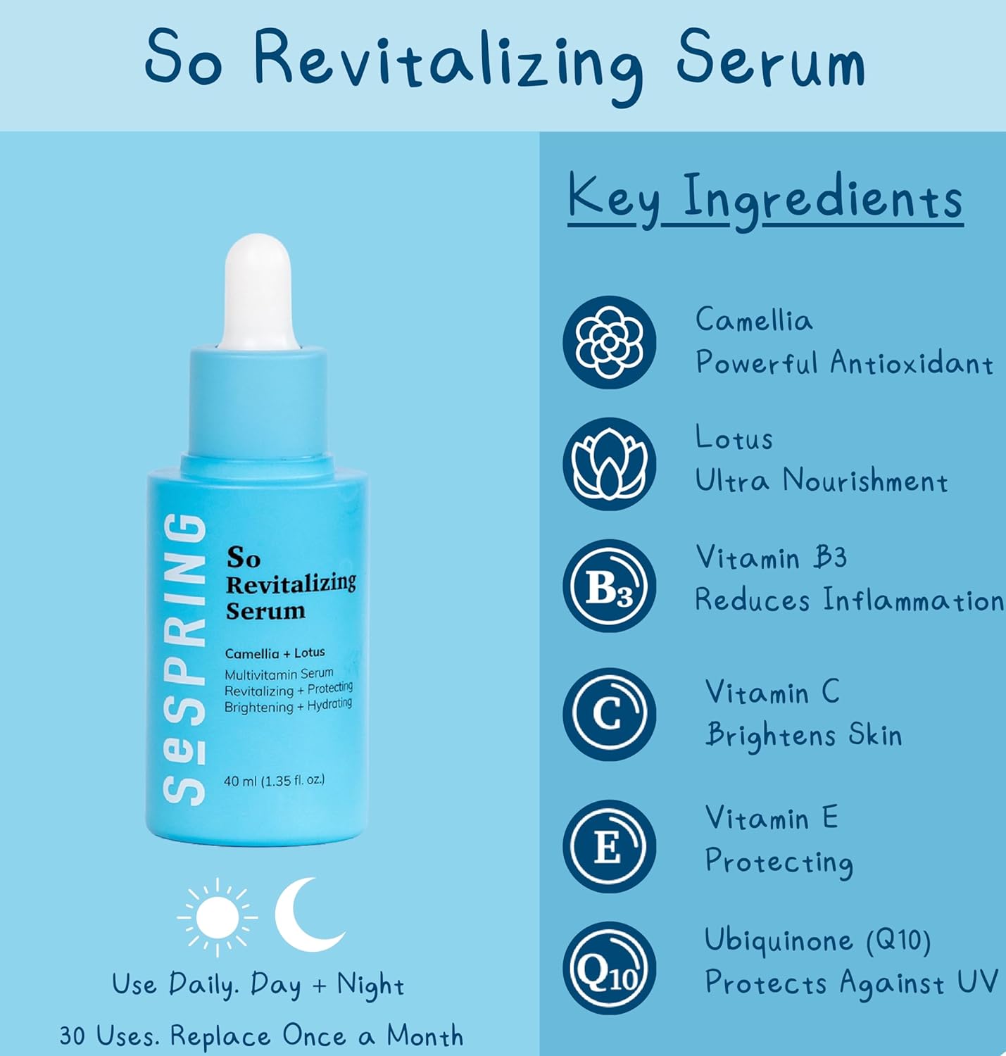 So Revitalizing Multivitamin Face Serum Korean Skincare, For Skin Brightening and Hydrating, with Camella, Lotus, Vitamins B3, C, E, and Q10, No Paraben, Cruelty Free, 40 ml/1.35 oz