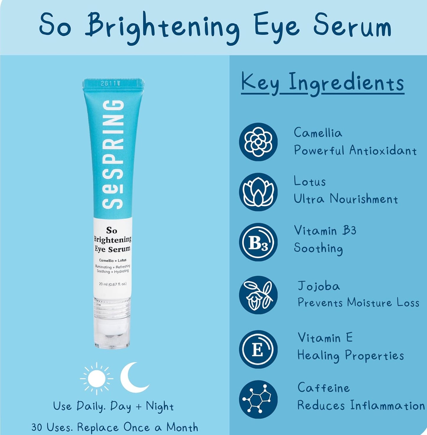 So Brightening Eye Serum Korean Skincare, For Dark Circles Under Eye Treatment, with Camella, Lotus, Jojoba, Caffeine, Vitamins B3, and E, Vegan, No Paraben, Cruelty Free, 20 ml/0.67 oz