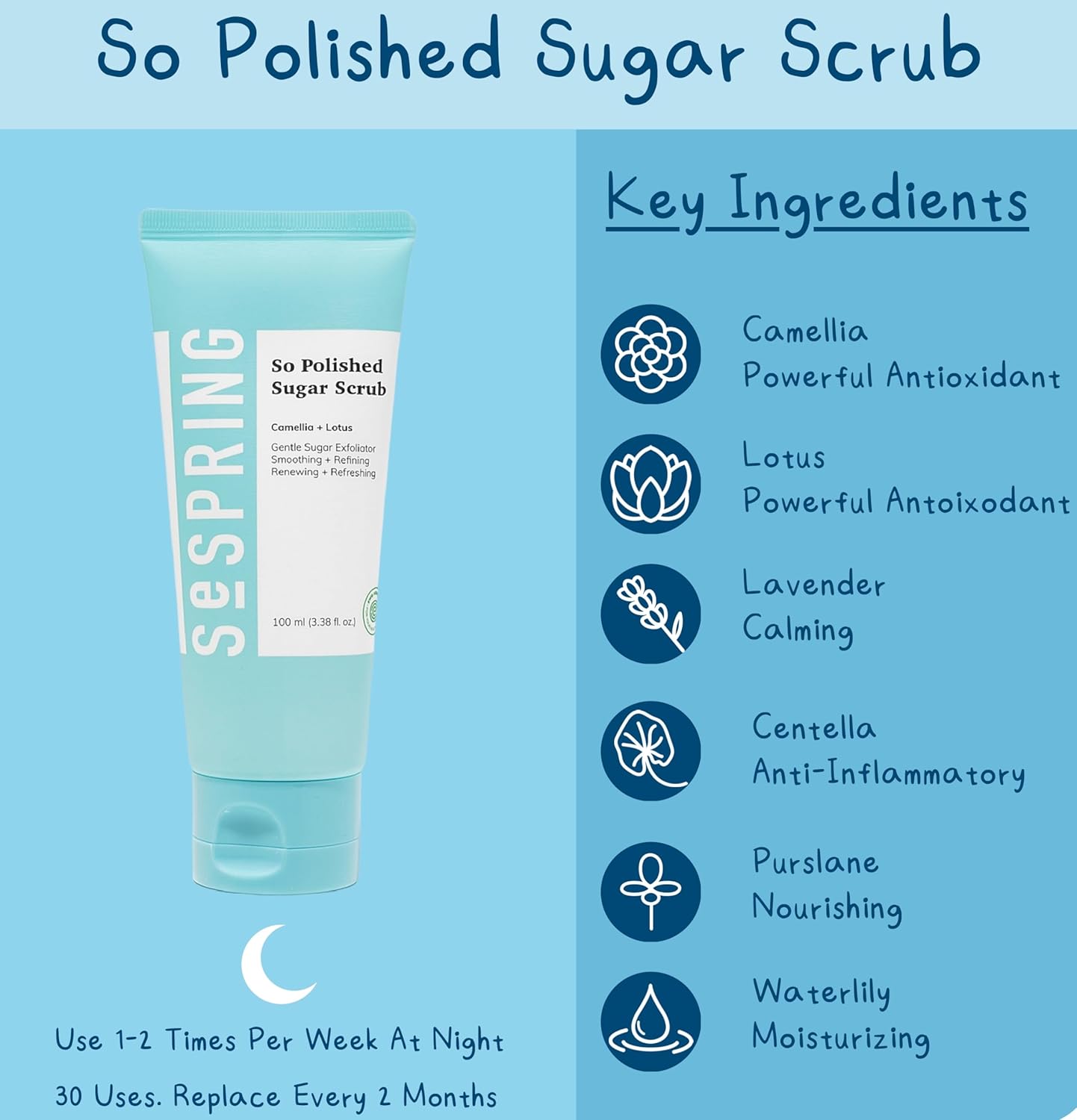 So Polished Sugar Scrub, Formulated with Camellia and Lotus, Gentle Exfoliation, Korean Skincare, Clean Beauty, Vegan, Cruelty Free, and Paraben Free