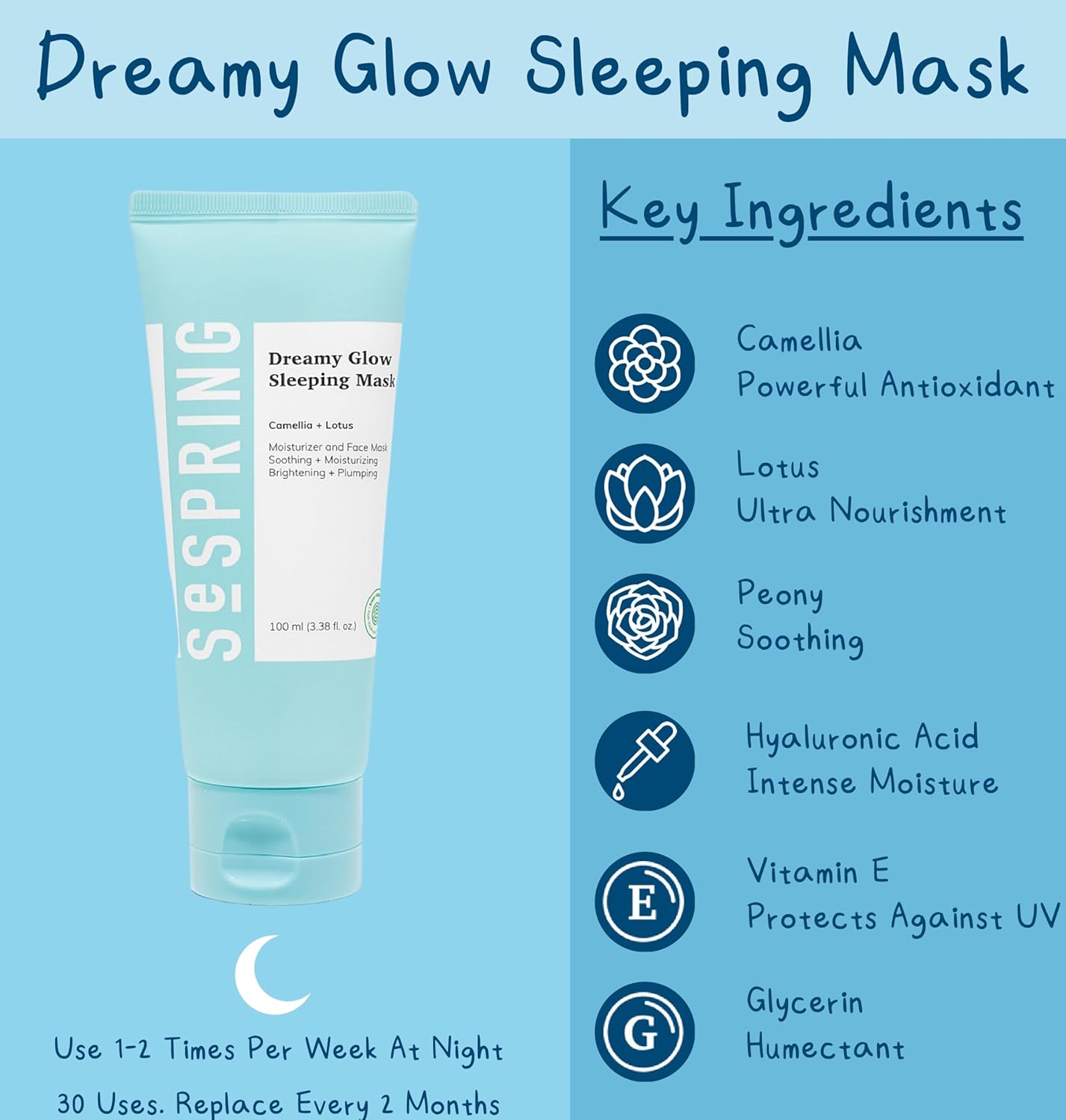 SEPSRING Dreamy Glow Sleeping Mask, Korean Face Mask, Formulated with Camellia, Lotus, and Hyaluronic Acid, Korean Skincare, Clean Beauty, Vegan, Cruelty Free, Korean Beauty Products, 3.38 Fl Oz